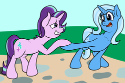 Size: 1500x1000 | Tagged: safe, artist:bennimarru, starlight glimmer, trixie, g4, cobblestone street, female, flat colors, hoof hold, lesbian, open mouth, ship:startrix, shipping, simple background, smiling