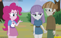 Size: 1664x1049 | Tagged: safe, artist:conikiblasu-fan, maud pie, mudbriar, pinkie pie, equestria girls, g4, the maud couple, belt, breasts, clothes, dress, equestria girls interpretation, equestria girls-ified, female, holding hands, legs together, lip bite, male, pie sisters, scene interpretation, ship:maudbriar, shipping, siblings, sisters, skirt, smiling, straight, when he smiles, when she smiles