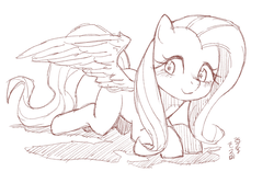Size: 1800x1200 | Tagged: safe, artist:yanamosuda, fluttershy, pegasus, pony, g4, cute, female, looking at you, looking sideways, mare, monochrome, prone, simple background, sketch, smiling, solo, spread wings, white background, wings