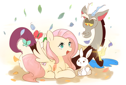 Size: 1748x1181 | Tagged: safe, artist:tomitake, angel bunny, discord, fluttershy, butterfly, draconequus, pony, g4, leaf, male