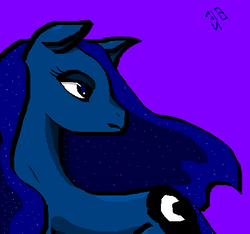 Size: 511x479 | Tagged: safe, artist:vlexis, derpibooru exclusive, princess luna, pony, g4, female, missing horn, ms paint, purple background, signature, simple background, solo, wingless