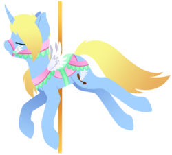 Size: 1565x1416 | Tagged: safe, artist:mynder, oc, oc only, oc:art's desire, pony, unicorn, carousel, clothes, curved horn, cutie mark, eyes closed, fake wings, female, gradient mane, gradient tail, hooves, horn, lineless, mare, reins, saddle, simple background, solo, tack, transparent background, wings