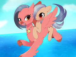 Size: 1024x768 | Tagged: safe, artist:ayahana, oc, oc only, oc:tuna mayonnaise, classical hippogriff, earth pony, hippogriff, pony, cloud, duo, duo female, feathered fetlocks, female, flying, jewelry, looking at you, mare, necklace, ocean, ponies riding hippogriffs, riding, sky, spread wings, wings