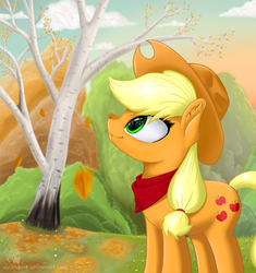 Size: 3200x3400 | Tagged: safe, artist:solarspark, applejack, earth pony, pony, g4, autumn, bandana, cloud, cowboy hat, female, hat, high res, looking up, mare, scenery, sky, smiling, solo, stetson, tree