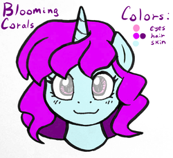 Size: 1038x950 | Tagged: safe, artist:latecustomer, oc, oc only, oc:blooming corals, pony, unicorn, blind, reference sheet, smiling, solo, traditional art