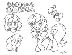 Size: 6551x5050 | Tagged: safe, artist:latecustomer, oc, oc only, oc:blooming corals, pony, unicorn, absurd resolution, blind, happy, reference sheet, smiling, solo, traditional art, wrong cutie mark