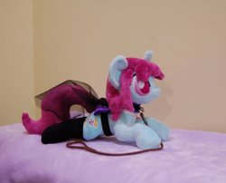 Size: 994x804 | Tagged: safe, artist:lanacraft, oc, oc:blooming corals, pony, unicorn, blind, clothes, collar, irl, leash, photo, plushie, saddle, solo, stockings, tack, thigh highs