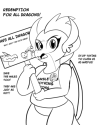 Size: 528x640 | Tagged: safe, artist:klondike, smolder, dragon, g4, #savealldragons, clothes, dialogue, dragoness, female, hilarious in hindsight, lineart, monochrome, picket sign, sign, signature, simple background, solo, white background