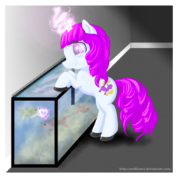 Size: 1024x1024 | Tagged: safe, artist:melliemel, oc, oc only, oc:blooming corals, fish, pony, unicorn, blind, fish tank, happy, magic, smiling, solo