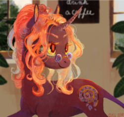 Size: 600x567 | Tagged: safe, artist:wolfiedrawie, oc, oc only, oc:wormhole, classical unicorn, pony, unicorn, art trade, cloven hooves, female, glasses, horn, indoors, leonine tail, mare, plant, smiling, solo