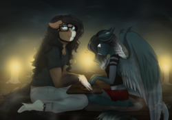 Size: 2865x2000 | Tagged: safe, artist:askbubblelee, oc, oc only, oc:pandie, oc:walter nutt, earth pony, pegasus, anthro, unguligrade anthro, anthro oc, candle, clothes, death by coffee, female, glasses, high res, kneeling, male, mare, nervous, oc x oc, ouija board, shipping, shirt, skirt, stallion, story in the source, straight, unshorn fetlocks