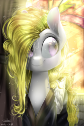 Size: 1000x1500 | Tagged: safe, artist:wacky-skiff, surprise, pegasus, pony, g1, clothes, female, hair over one eye, mare, smiling, solo, sunlight