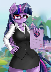 Size: 1000x1414 | Tagged: safe, artist:iloota, twilight sparkle, alicorn, anthro, g4, school daze, clothes, cloud, female, glasses, hand on hip, hips, horn, lip bite, mare, mountain, school of friendship, side slit, skirt, skirt suit, sky, solo, stockings, suit, thigh highs, twilight sparkle (alicorn), vest, waterfall, wings, zettai ryouiki