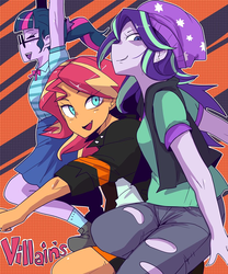 Size: 833x1000 | Tagged: safe, artist:tsukusun, sci-twi, starlight glimmer, sunset shimmer, twilight sparkle, equestria girls, equestria girls series, equestria girls specials, g4, beanie, clothes, counterparts, female, glasses, hat, jacket, jeans, leather jacket, magical trio, open mouth, pants, ponytail, profile, reformed villain, ripped pants, shirt, skirt, torn clothes, trio, twilight's counterparts