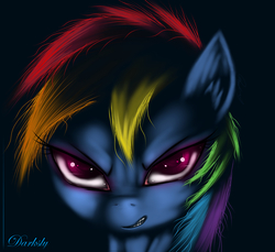 Size: 3500x3200 | Tagged: safe, artist:darksly, rainbow dash, pony, g4, black background, evil, female, high res, mare, signature, simple background, solo