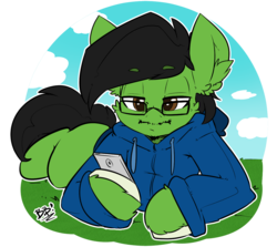 Size: 1150x1026 | Tagged: safe, artist:b-cacto, artist:bbsartboutique, edit, oc, oc:cactus needles, beard, cellphone, clothes, facial hair, glasses, grass, hoodie, moustache, phone, sweater