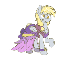 Size: 2769x2413 | Tagged: safe, artist:fluffyxai, derpy hooves, pegasus, pony, g4, accessory, beautiful, blushing, clothes, cute, dress, female, floral head wreath, flower, gala dress, high res, mare, pretty, simple background, sketch, smiling, solo, white background, wings