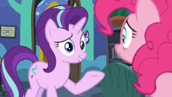 Size: 1280x720 | Tagged: safe, edit, edited screencap, screencap, pinkie pie, starlight glimmer, earth pony, pony, unicorn, g4, the maud couple, animated, bed, book, bookshelf, color cycling, colored, equal sign, eyestrain warning, female, frown, gif, loop, looped, potted plant, slow motion, smiling, starlight's room