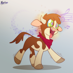 Size: 2000x2000 | Tagged: safe, artist:fluffyxai, arizona (tfh), cow, pony, them's fightin' herds, arizonadorable, big smile, clothes, cloven hooves, community related, cute, female, gradient background, high res, home on the range, hypnosis, hypnotized, kerchief, magic, music, music notes, open mouth, scarf, simple background, smiling, solo, tongue out, uvula, walking, wobbly