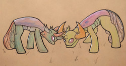 Size: 4608x2440 | Tagged: safe, artist:moemneop, pharynx, thorax, changedling, changeling, g4, brothers, changedling brothers, duo, duo male, king thorax, looking down, male, prince pharynx, traditional art
