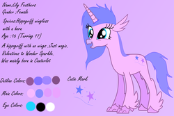 Size: 1500x1000 | Tagged: safe, artist:wonderschwifty, oc, oc only, oc:lily feathers, hippogriff, cutie mark, purple background, reference sheet, simple background, wingless hippogriff