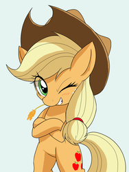 Size: 1200x1600 | Tagged: safe, artist:phoenixperegrine, applejack, earth pony, pony, semi-anthro, g4, applejack's hat, bipedal, cowboy hat, crossed arms, crossed hooves, cute, eye clipping through hair, female, hat, hay, hey, jackabetes, looking at you, mare, one eye closed, simple background, solo, straw in mouth, white background, wink