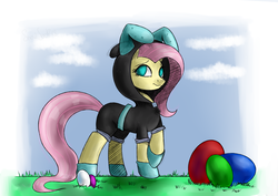 Size: 3541x2508 | Tagged: safe, artist:php97, fluttershy, pegasus, pony, g4, bunny ears, clothes, costume, cute, dangerous mission outfit, easter egg, female, high res, hoodie, looking at you, mare, solo