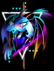 Size: 800x1042 | Tagged: safe, artist:ii-art, princess ember, dragon, g4, black background, breasts, clothes, dragon lord ember, female, freckles, glasses, simple background, solo, synthwave, wings