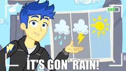 Size: 1536x864 | Tagged: safe, edit, edited screencap, screencap, flash sentry, best trends forever, equestria girls, g4, my little pony equestria girls: better together, camera, family guy, male, ollie williams, rain, recording, reference, weather