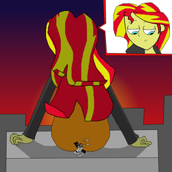 Size: 2000x2000 | Tagged: safe, artist:arias87, sunset shimmer, oc, oc:checkerboard, equestria girls, g4, aware, butt crush, female, giantess, high res, macro, sitting on person, size difference, skyscraper, smiling, smirk, sunset