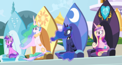 Size: 3232x1736 | Tagged: safe, artist:razorbladetheunicron, amethyst star, princess cadance, princess celestia, princess luna, sparkler, alicorn, pony, unicorn, lateverse, g4, alternate universe, base used, canterlot, colored wings, crown, cutie mark, element of harmony, element of magic, gradient mane, gradient wings, group, happy, jewelry, nervous, one of these things is not like the others, princess, regalia, smiling, throne