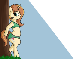 Size: 2800x2200 | Tagged: safe, artist:andelai, oc, oc only, oc:celice, unicorn, semi-anthro, arm hooves, bipedal, bra on pony, butt, chubby, clothes, female, grass, high res, large butt, mare, plot, plump, simple background, solo, sports bra, the ass was fat, thick, tree