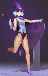 Size: 1146x1800 | Tagged: safe, artist:amskeey, trixie, human, g4, boots, cape, clothes, cute, diatrixes, female, fishnet stockings, gloves, grin, hat, high heel boots, humanized, leotard, magic wand, magician outfit, shoes, smiling, solo, trixie's cape, trixie's hat