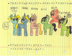 Size: 698x535 | Tagged: safe, artist:nightshadowmlp, pony, blossom (powerpuff girls), boomer (powerpuff girls), brick (powerpuff girls), bubbles (powerpuff girls), butch (powerpuff girls), buttercup (powerpuff girls), lined paper, ponified, text, the powerpuff girls, the rowdyruff boys, traditional art