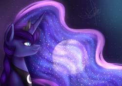 Size: 1024x725 | Tagged: safe, artist:shimmyyah, princess luna, alicorn, pony, g4, female, mare, moon, night, signature, solo