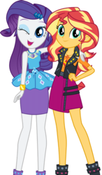 Size: 552x946 | Tagged: safe, rarity, sunset shimmer, equestria girls, g4, my little pony equestria girls: better together, official, arm around neck, clothes, duo, female, hand on shoulder, one eye closed, simple background, transparent background, wink