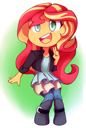 Size: 1200x1789 | Tagged: safe, artist:alphab33, sunset shimmer, human, equestria girls, g4, abstract background, chibi, clothes, cute, female, no nose, open mouth, peace sign, shimmerbetes, solo