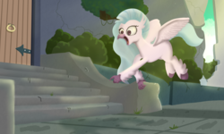 Size: 2500x1500 | Tagged: safe, artist:my-little-poni, silverstream, classical hippogriff, hippogriff, g4, school daze, female, scene interpretation, smiling, solo, stairs, that hippogriff sure does love stairs