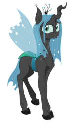 Size: 2759x4675 | Tagged: safe, artist:paskanaakka, derpibooru exclusive, queen chrysalis, changeling, changeling queen, villains of equestria collab, g4, ear fluff, fangs, female, high res, raised leg, simple background, smiling, solo, transparent background, transparent wings