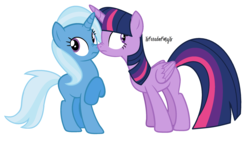Size: 2656x1496 | Tagged: safe, artist:xxparadoxponyxx, trixie, twilight sparkle, alicorn, pony, g4, boop, female, lesbian, missing cutie mark, noseboop, requested art, ship:twixie, shipping, simple background, twilight sparkle (alicorn), white background