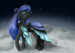 Size: 4092x2893 | Tagged: safe, artist:nuumia, nightmare moon, alicorn, pony, g4, beautiful, black rose, clothes, dress, ear fluff, floppy ears, flower, looking up, missing accessory, moon