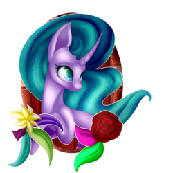 Size: 2950x2950 | Tagged: safe, artist:sodapopfairypony, mistmane, pony, g4, bust, curved horn, female, flower, high res, horn, portrait, simple background, solo, transparent background