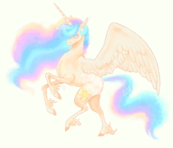 Size: 1798x1534 | Tagged: safe, artist:swanhili, princess celestia, g4, female, hair over one eye, rearing, smiling, solo, spread wings, unshorn fetlocks, wings