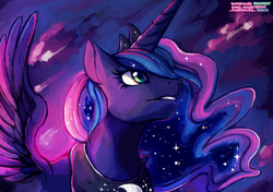 Size: 1280x901 | Tagged: safe, artist:sushirolled, princess luna, alicorn, pony, bust, female, mare, portrait, smiling, solo, spread wings, wings