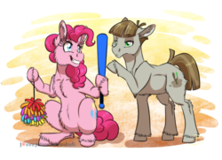 Size: 1024x740 | Tagged: safe, artist:inuhoshi-to-darkpen, mudbriar, pinkie pie, earth pony, pony, g4, the maud couple, baseball bat, duo, female, hoof hold, male, mare, piñata, raised hoof, realistic horse legs, simple background, sitting, smiling, stallion, transparent background