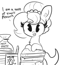 Size: 3000x3000 | Tagged: safe, artist:tjpones, oc, oc only, oc:brownie bun, earth pony, pony, horse wife, :d, black and white, bread, chest fluff, cute, dialogue, ear fluff, female, food, grayscale, high res, lineart, looking at you, mare, monochrome, open mouth, peanut butter, sandwich, simple background, smiling, solo, white background
