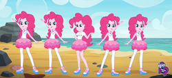 Size: 2304x1053 | Tagged: safe, pinkie pie, equestria girls, fashion photo booth, g4, my little pony equestria girls: better together, beach, clothes, eqg promo pose set, equestria girls logo, geode of sugar bombs, multeity, my little pony logo, one of these things is not like the others, rah rah skirt, skirt, too much pink energy is dangerous