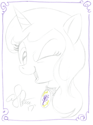 Size: 2511x3382 | Tagged: safe, artist:andypriceart, oc, oc only, oc:blooming corals, pony, unicorn, blind, bust, collar, cutie mark dogtag, female, high res, jewelry, lineart, mare, necklace, one eye closed, signature, solo, traditional art, wink