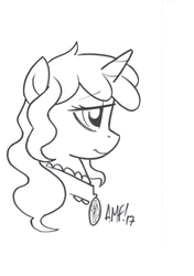 Size: 4908x6966 | Tagged: safe, artist:tony fleecs, oc, oc only, oc:blooming corals, pony, unicorn, absurd resolution, blind, bust, collar, cutie mark dogtag, solo, traditional art
