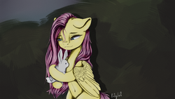 Size: 3840x2160 | Tagged: safe, artist:labglab, angel bunny, fluttershy, pegasus, pony, rabbit, rcf community, g4, belly button, eye, eyes, female, floppy ears, high res, mare, solo, wings